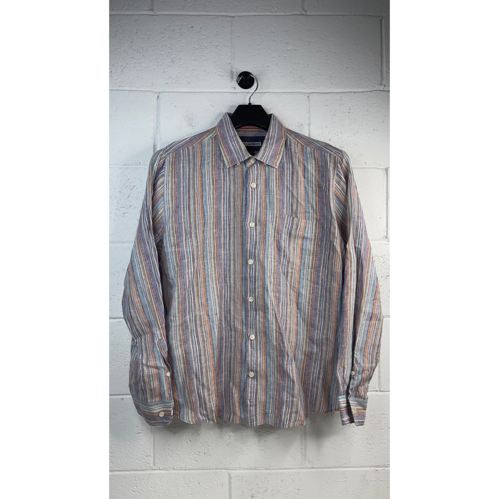 32 Bar Blues Mens XL Linen Button Down Shirt Multi Color Stripe Long Sleeve